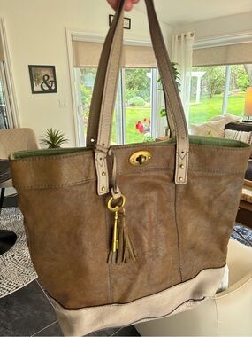 Fossil Two-Tone Brown and Cream Leather Tote with Tassel Key Charm